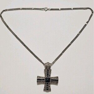 Black Jet and Sterling Silver Beaded Necklace with Sterling Cross Marcasite